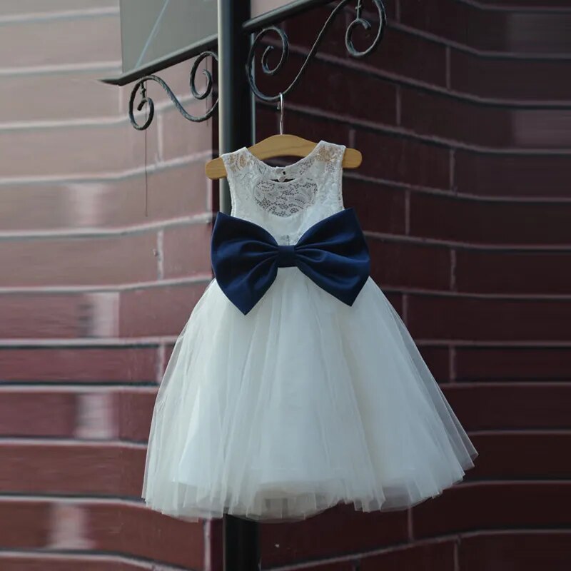 Hot Rustic Ivory Lace Navy Blue Sash/Bow Flower Girl Dress White Country Toddler Wedding Baptism Tulle Girls Pageant Dresses - KAISERINC