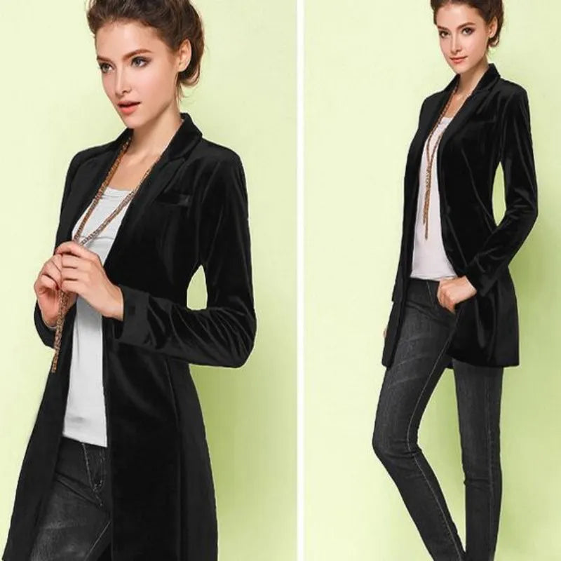 New Female High Quality Chic Tops Europe women's velvet blazer Slim Fit Long OL jacket Ladies Blouses Suit Coat Free Shipping