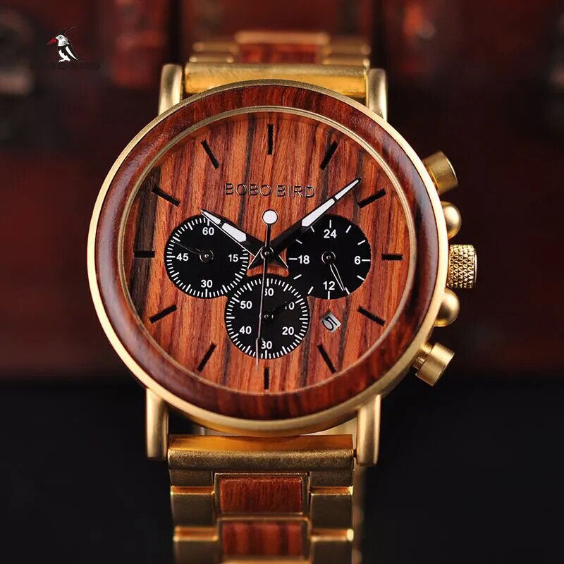 BOBO BIRD Gold Watch Men Luxury Brand Wooden Wristwatches Male Date Display Stop Watches reloj golden hour