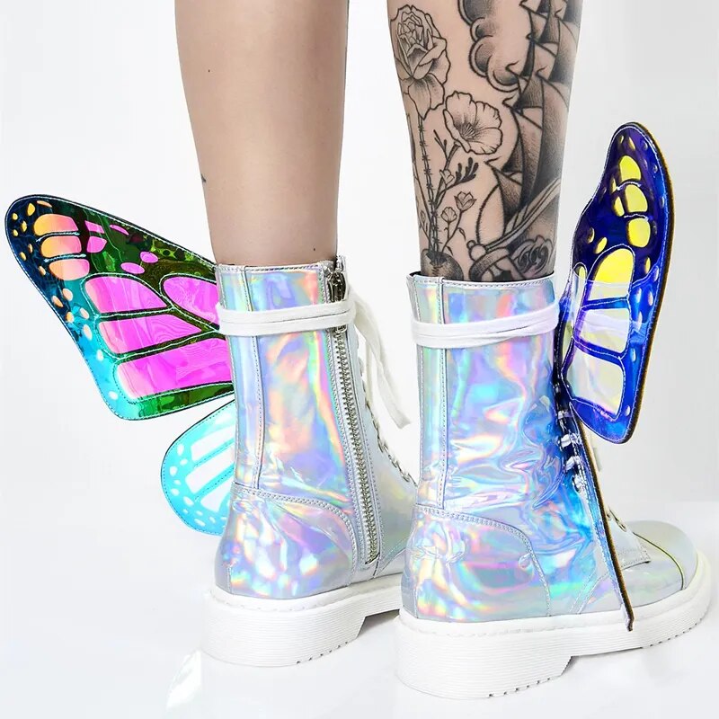 Women Butterfly Wings Sneakers Shine Silver Short Boots Lace Up Colorful Ladies Shoes Sneakers With Sequines Women Runway Boots