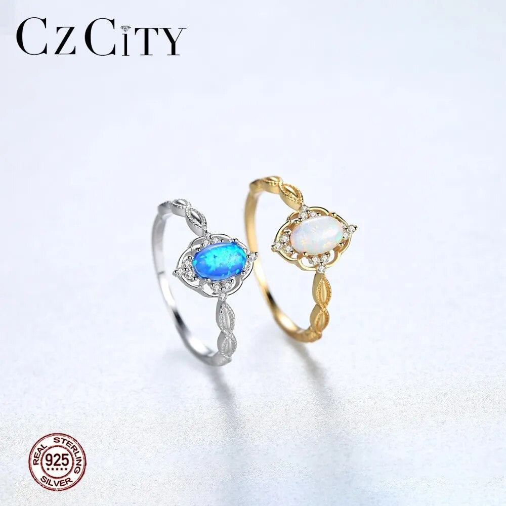 CZCITY Exquisite Vintage Design Blue/White Fire Opal Rings for Women 100% 925 Sterling Silver Bridals Engagement Rings Jewelry