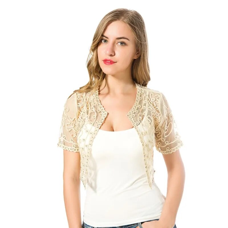 Women Basic Coat 2023 Summer Style Women Perspective Shawl Fashion Hollow Out Lace Boleros Short Sleeve Coats Jackets Female - KAISERINC