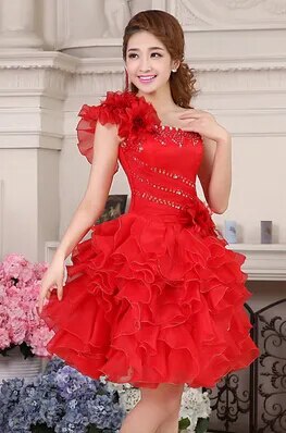 princess womens yellow pink corset evening gowns short tulle ball dresses one shoulder arrival girl fashion pageant dress W2141 - KAISERINC