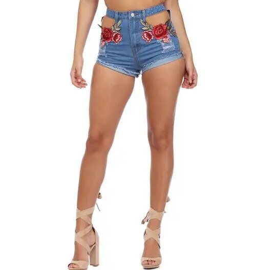 50pcs/lot european style female sexy rose denim shorts high waist embroidery denim shorts