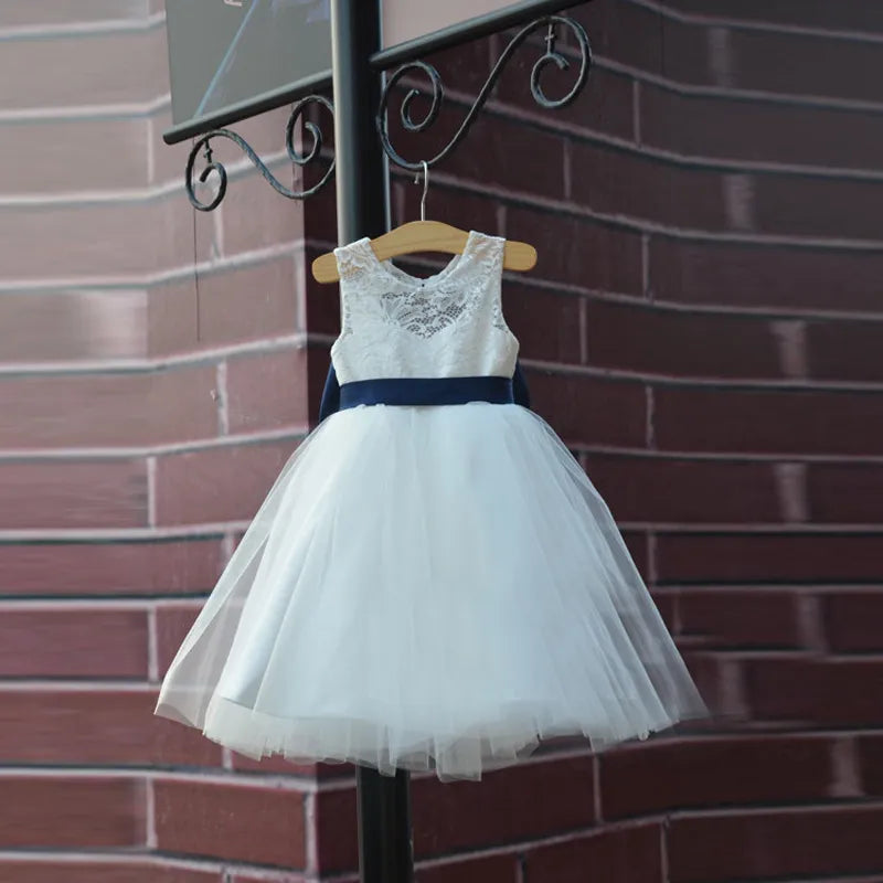 Hot Rustic Ivory Lace Navy Blue Sash/Bow Flower Girl Dress White Country Toddler Wedding Baptism Tulle Girls Pageant Dresses - KAISERINC