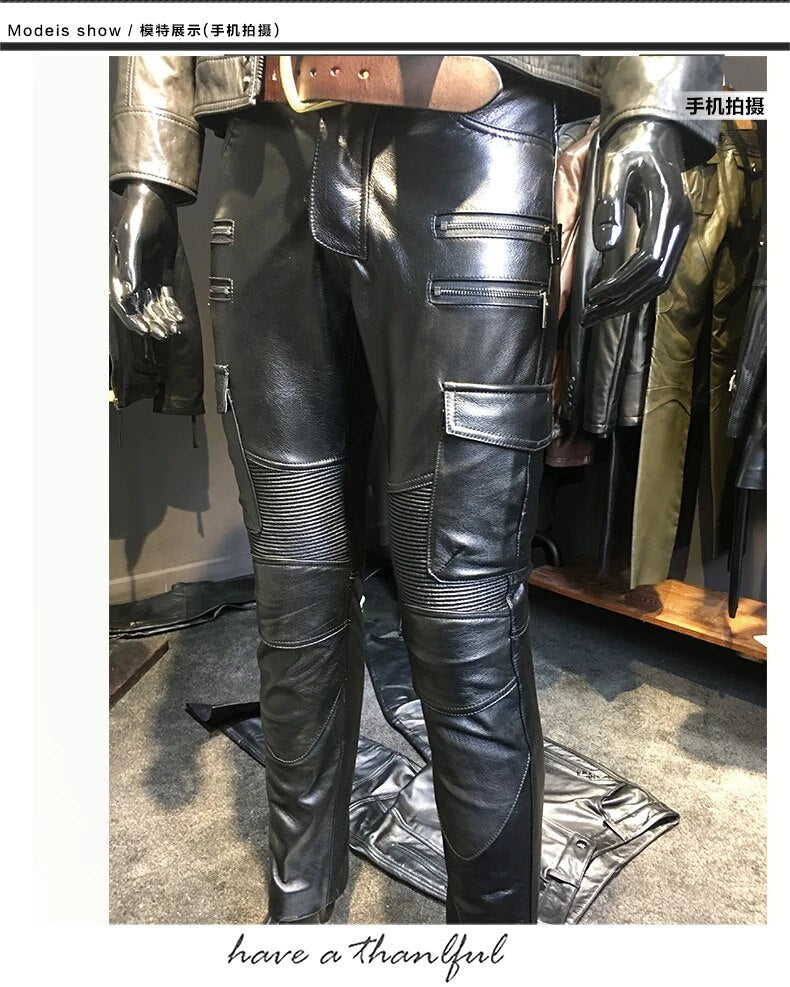 Men's Leather Pant Biker Pants Motorcycle  Slim Leather Skinny  Rock Pants Tight Gothic Leather Pants For Men TJ010