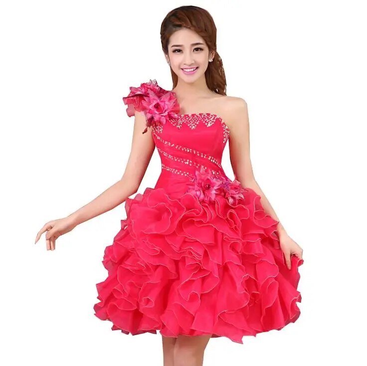 princess womens yellow pink corset evening gowns short tulle ball dresses one shoulder arrival girl fashion pageant dress W2141 - KAISERINC