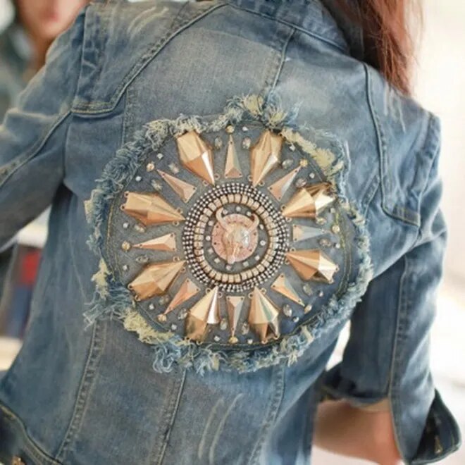 Women Short Cowboy Coats Leisure Outwear Slim Diamonds Half sleeve Women's Denim Blue Jacket Coat Holes Jean Jackets - KAISERINC