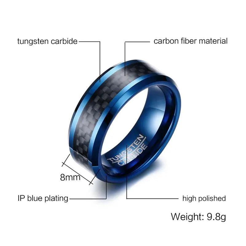Vnox Blue Tungsten Rings for Men Wedding Bands 8mm Men's Carbon Fiber Tungsten Carbide Men Ring Jewelry
