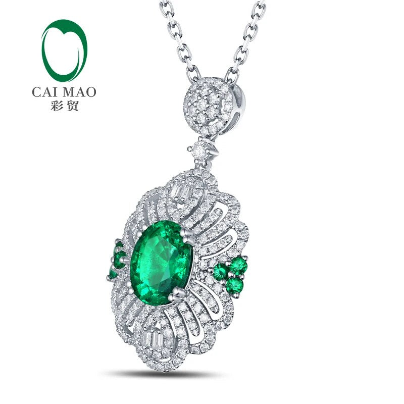 Free shipping 2.12ct Emerald 14kt White Gold Round Cut Diamonds Pendant For Necklace