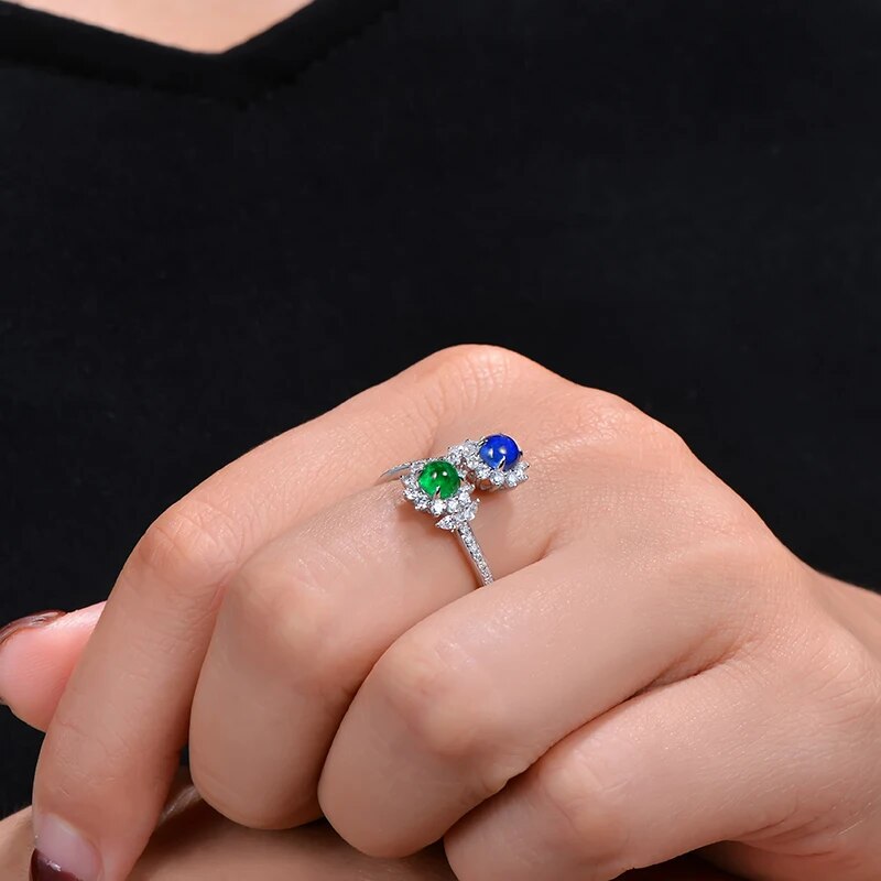 CAIMAO Natural Cabochon Cut Emerald and Sapphire Halo H SI Brilliant Diamonds Engagement Wedding Ring for Annivesary Finegems