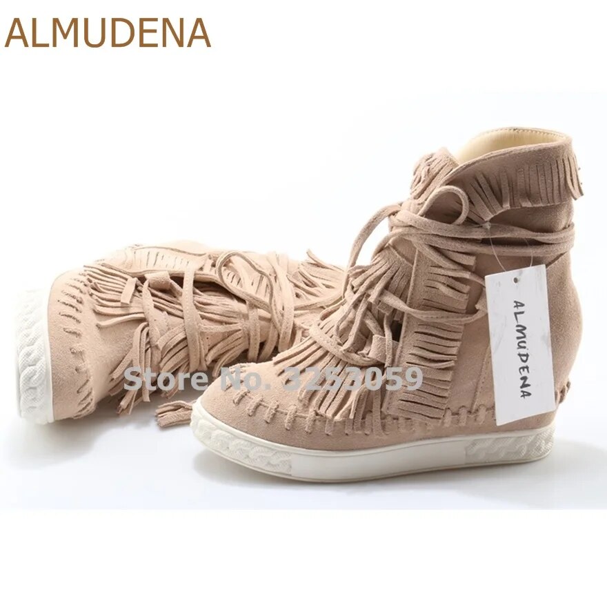 ALMUDENA Beige Red Blue Suede Fringe Sneakers Wedge Heel Height Increasing High Top Lace-up Casual Shoes Tassel Leisure Boots