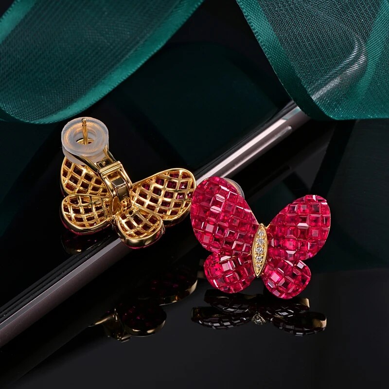 CAIMAO Fine Jewelry Invisible Setting 12.38ct Natural Ruby Diamond 18kt Au750 Yellow Gold Earrings English Lock