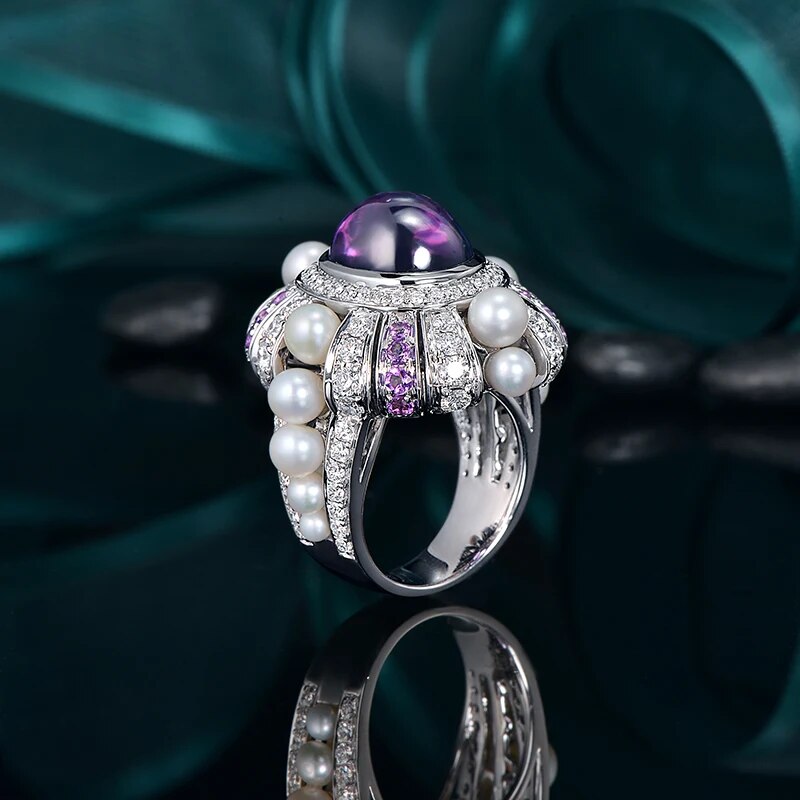 7.25ct Natural Amthyst 1.82ct Natural Diamonds and 0.42ctw Amethyst Pearl 14K White Gold Engagement Ring