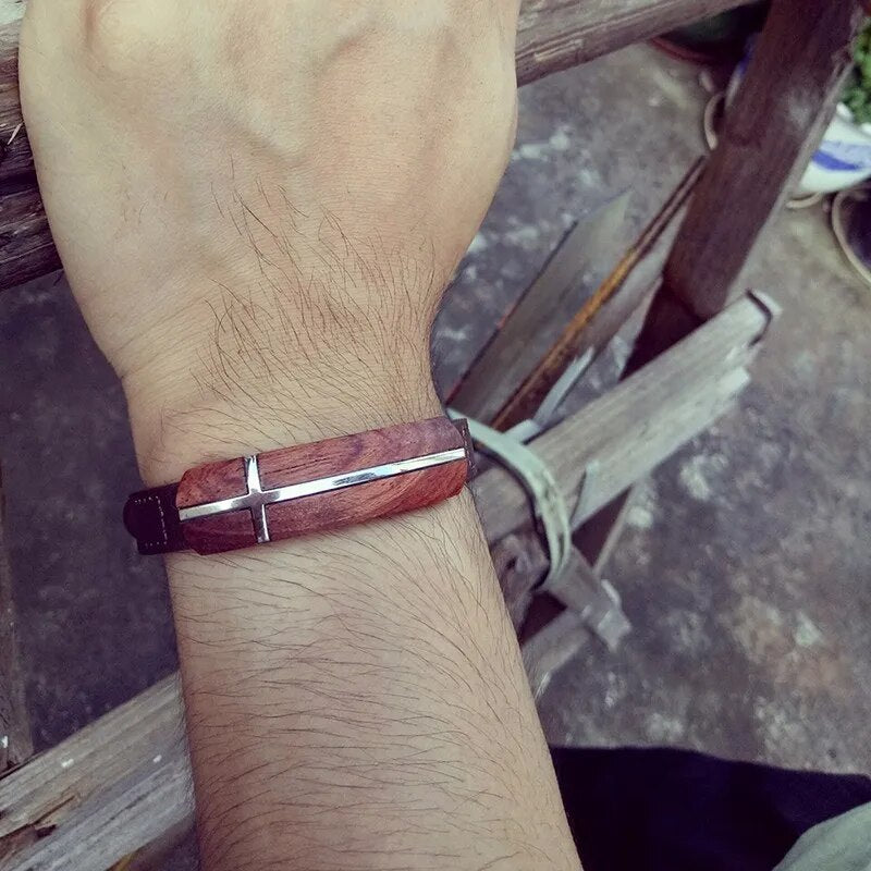 Meaeguet Vintage Rosewood Genuine Leather Bracelet for Men Wooden Street Jewelry Bracelet Homme Adjustable