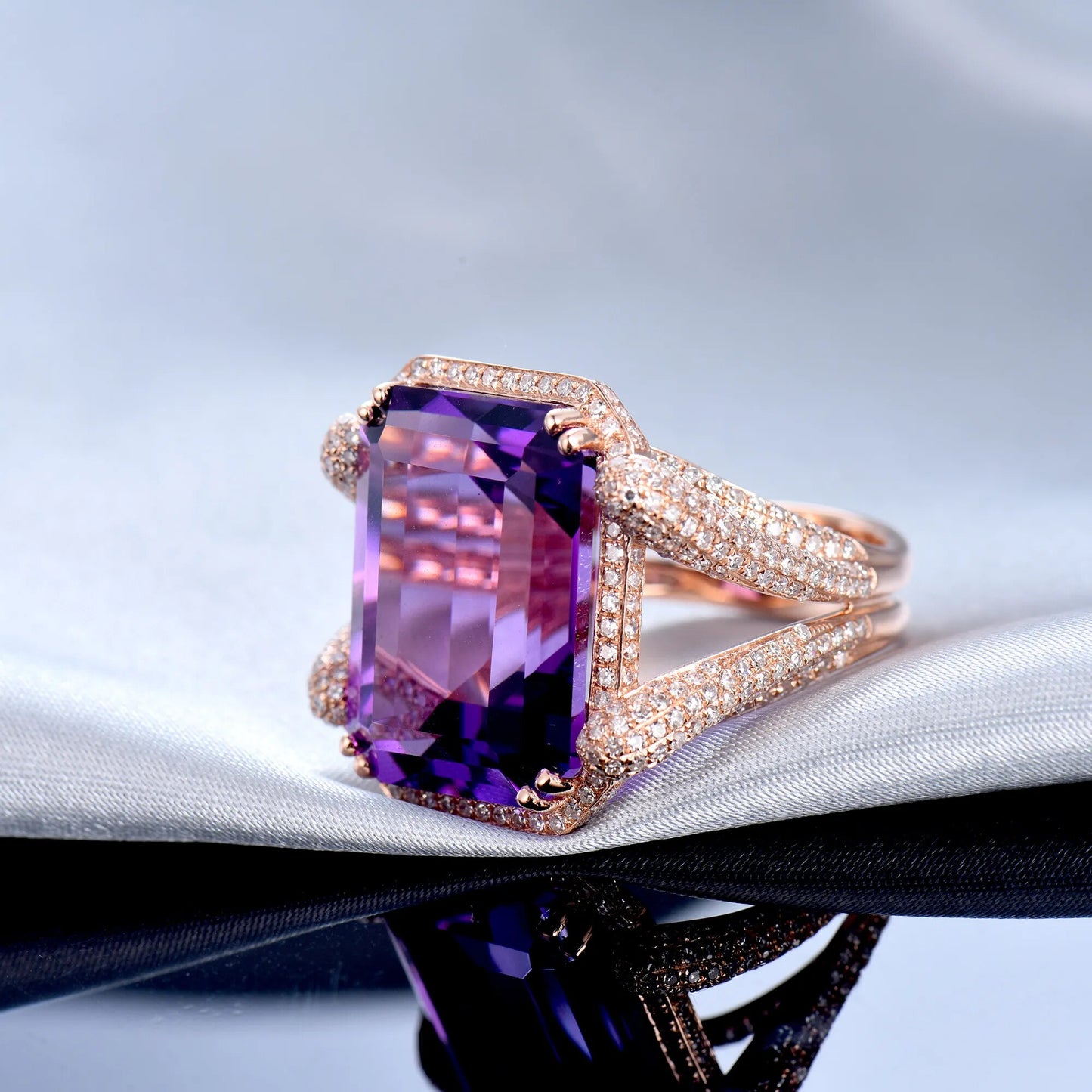 Natural Amethyst Rings For Women Elegant Ladies Emerald Cut 15x20mm Amethyst Diamonds Engagement Party Ring Real 14Kt Rose Gold