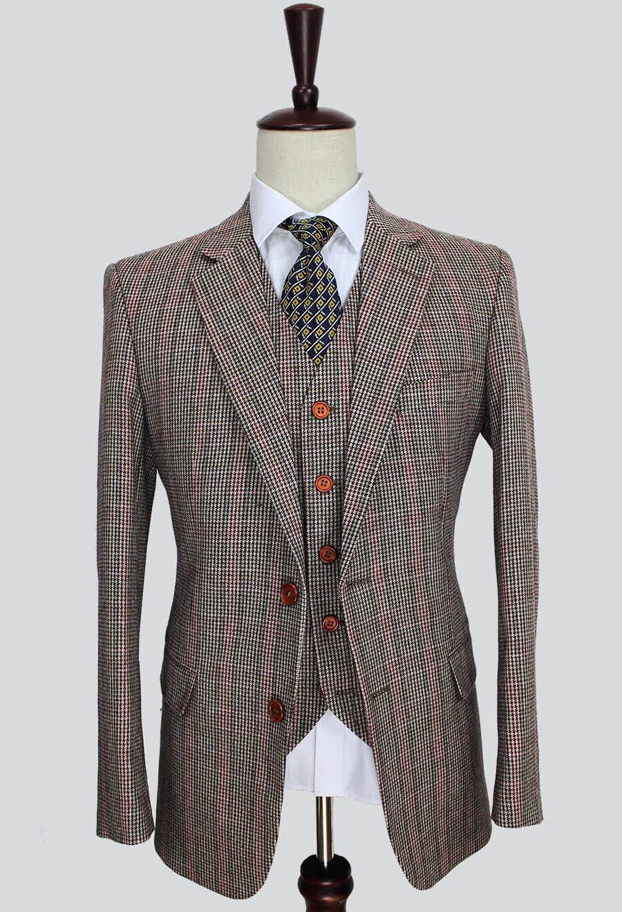 Wool Brown Classic Tweed custom made slim fit mens 3 piece suits gentleman style tailor wedding party dresses suits for men - KAISERINC