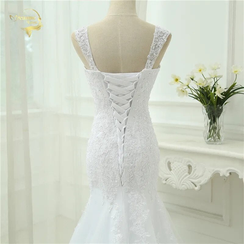 Sexy Vestidos De Novia Mermaid Robe De Mariage Tulle With Lace Detachable Straps Long Wedding Dresses 2023 Lace Up Bridal Gown - KAISERINC