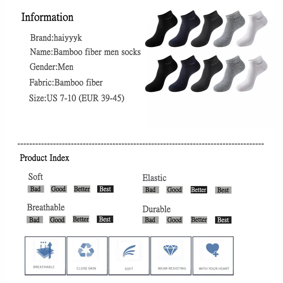 10 Pairs / Pack Men's Bamboo Fiber Socks Short High Quality New Casual Breatheable Anti-Bacterial Man Ankle Socks Men