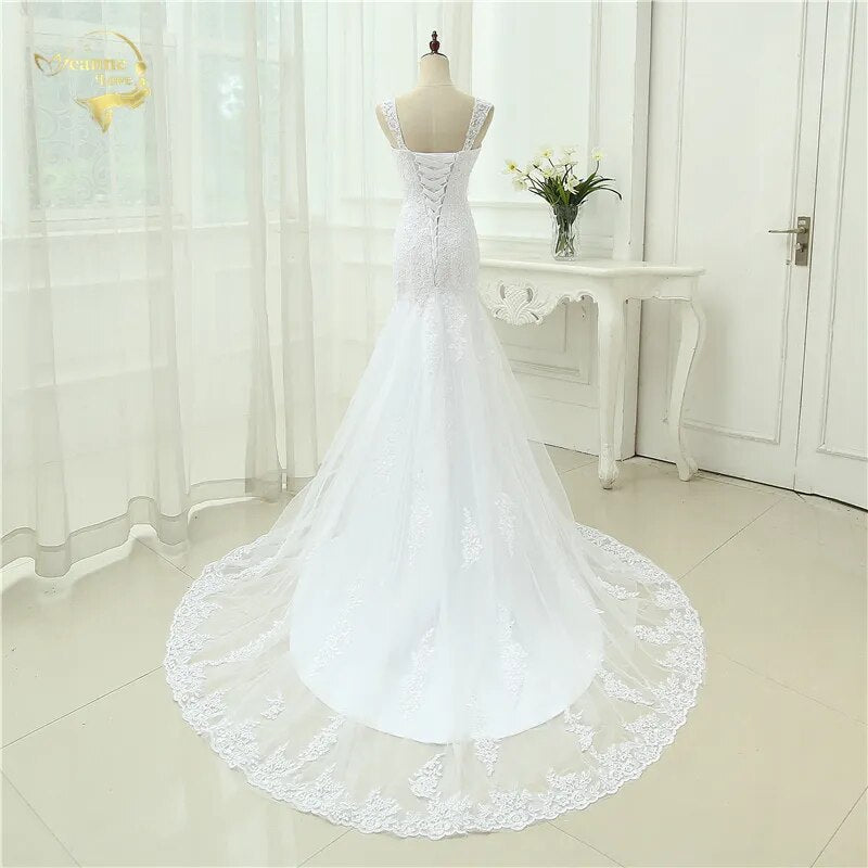 Sexy Vestidos De Novia Mermaid Robe De Mariage Tulle With Lace Detachable Straps Long Wedding Dresses 2023 Lace Up Bridal Gown - KAISERINC