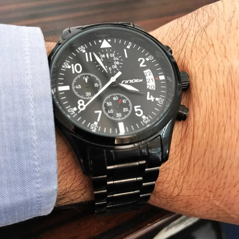 SINOBI High Quality Pilot Men's Chronograph Wrist Watch Waterproof Luxury Brand Stainless Steel Diver Males Geneva Quartz Clock