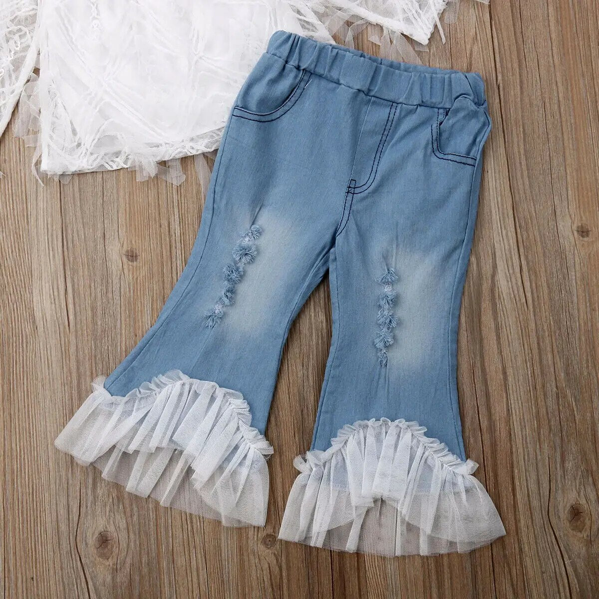 Kid Baby Girl Clothes 2019 New in Fashion Summer White Off-shoulder Lace T Shirt Tops Destroyed Jeans Pants