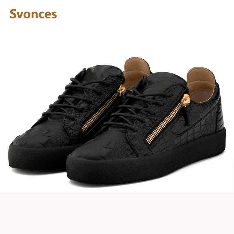 Mens Casual Shoes Mens Casual Sneakers Black Pleated Stone Grain Shoes Man Metal Zipper Design Flat Platform Comfortable Loafer