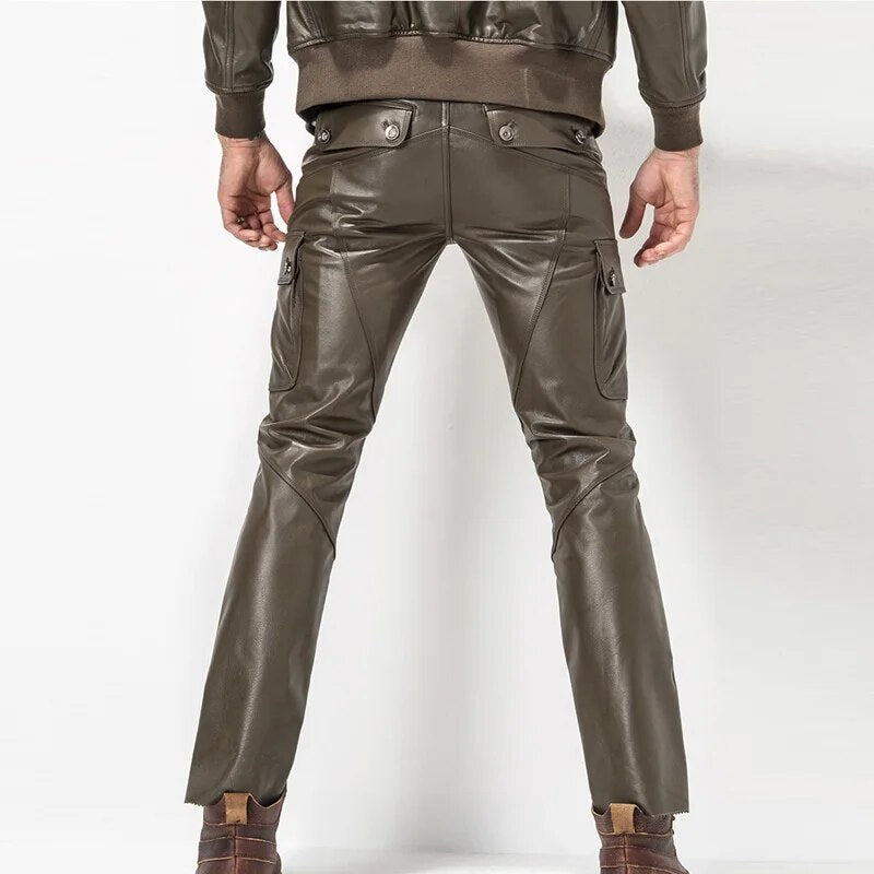 Men's Leather Pant Biker Pants Motorcycle Punk Rock Pants man's classic pocket leather pants leather trousers leatherpants  TJ06