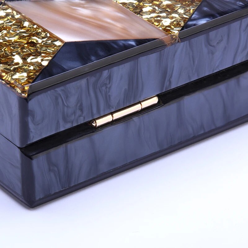 New Female Black Pearlescent Acrylic Evening Bags Vintage Women Messenger Bags Gold Sequins Clutches Patchwork Party Handbags