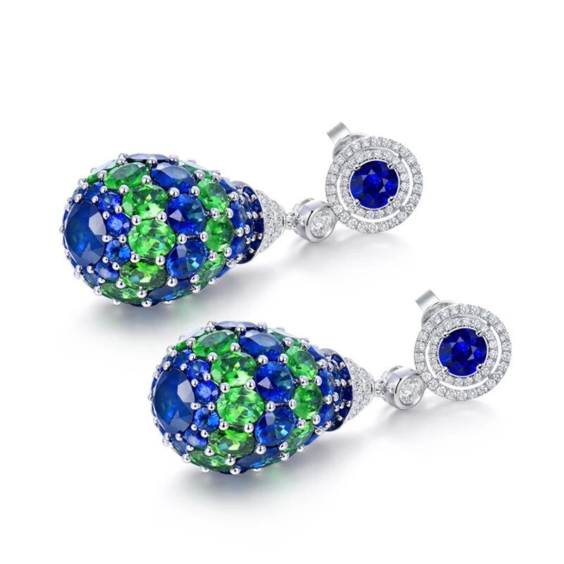 LOVERJEWELRY Luxury Jewelry Solid 18KT White Gold Blue Sapphire Drop Earrings Tsavorite Diamond Earrings For Women Party Wedding