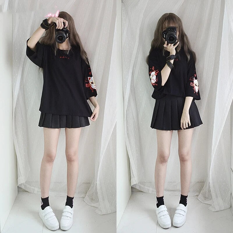 Japanese Harajuku T Shirt Women Vintage Kawaii Anime Cat Girl's Black Tops Lolita Gothic Animal Print Oversized Cute Tee Shirts