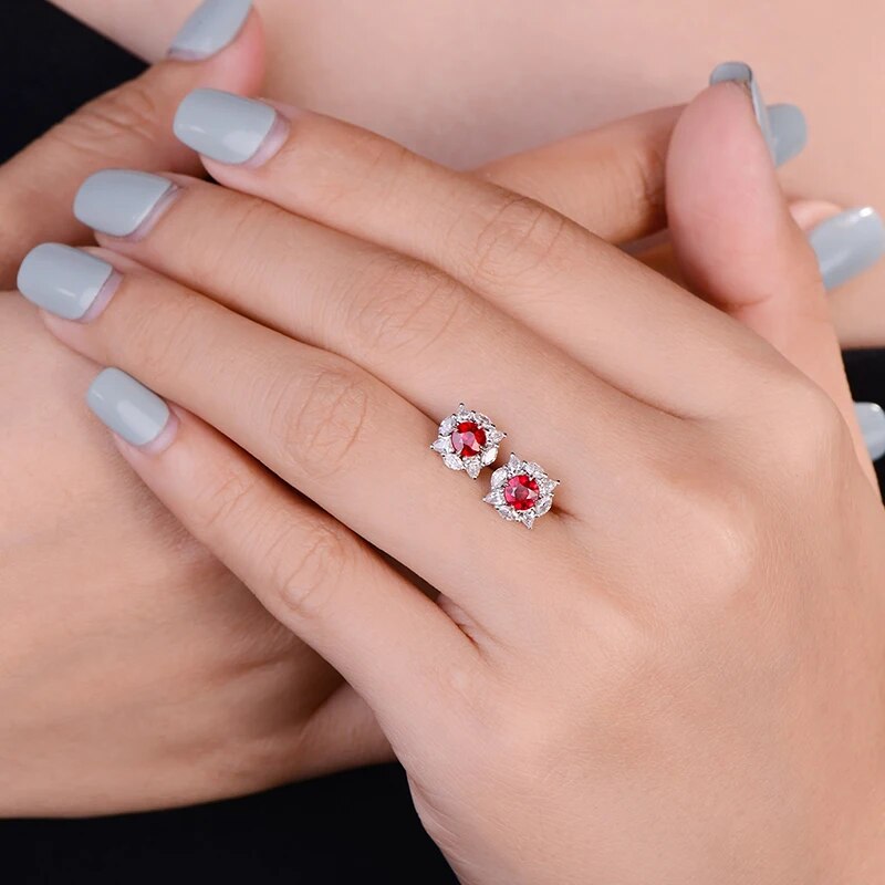 Caimao 0.69ct Natural Round Red Ruby and Diamonds 18kt White Gold Earrings Studs for Womens