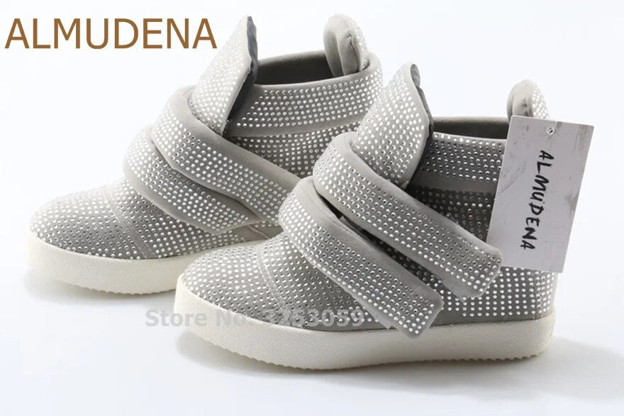 ALMUDENA Ladies Bling Bling Black Grey Crystal Sneakers Hook&Loop Height Increasing Wedge Heels Casual Shoes Ankle Boots