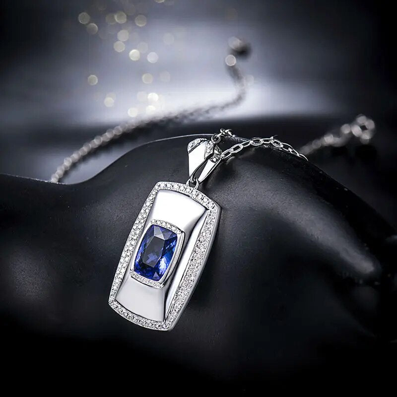 LOVERJEWELRY Cool Solid 18K White Gold Mens Necklace Pendants Natural 7x10mm Cushion Cut Tanzanite Diamonds Pendant for Husband