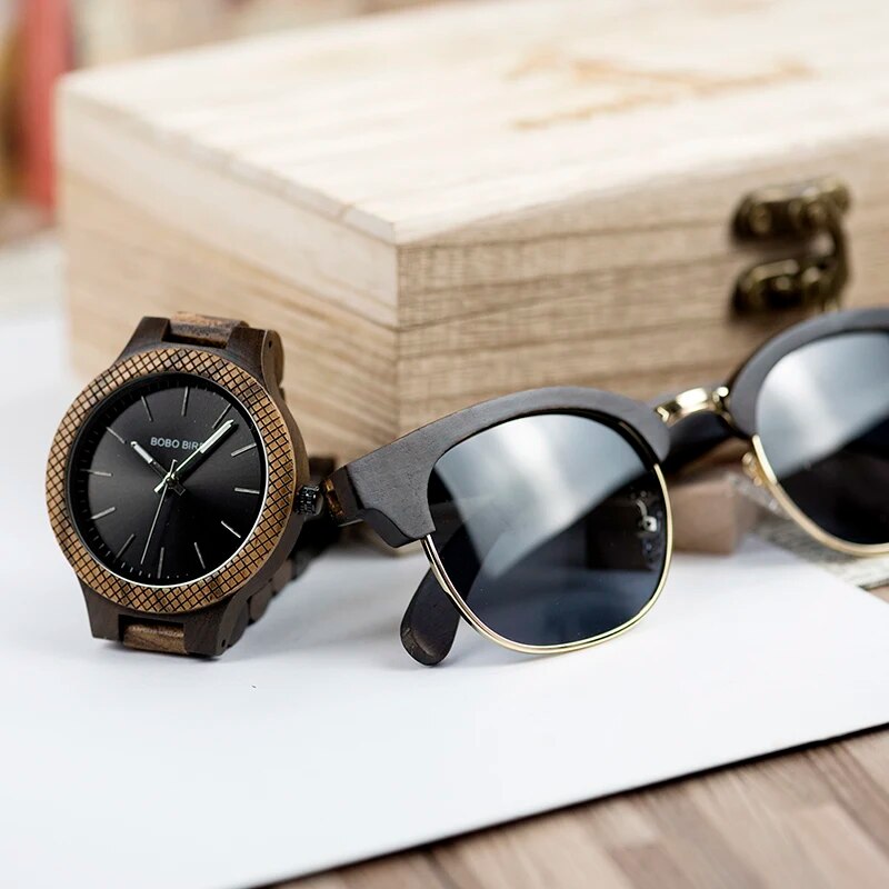 BOBO BIRD Men's Watch Sunglasses Set Wooden Timepieces Japan Movement Quartz Watches Men Great Gift reloj hombre