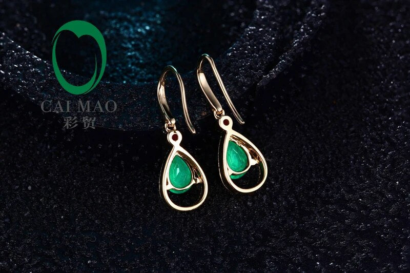 Caimao Jewelry 14k Yellow Gold Natural Pear Cut 5x7mm Emerald & 0.08ct Diamonds Pink Sapphires Engagement Earrings