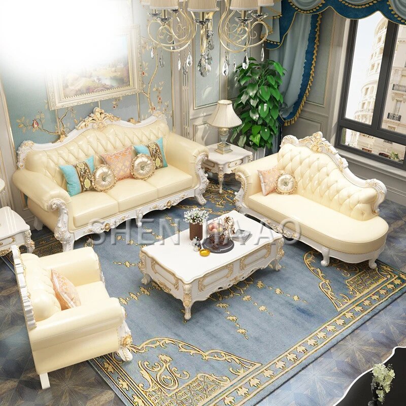 European Leather Sofa Luxury Solid Carved Sofa Living Room Solid Carved Combination Furniture Leather Sofa 1PC