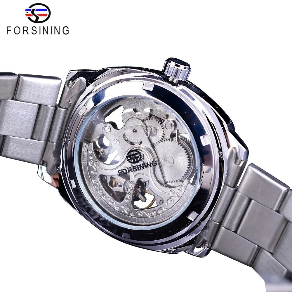 Forsining Silver Watches Folding Clasp with Safety Men's Automatic Watches Top Brand Luxury Transparent Watches Luminous Hands