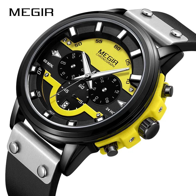MEGIR New Men's Watches Luxury Top Brand Chronograph Sports Watch Waterproof Leather Quartz Wrist Watch Relogio Masculino 2020