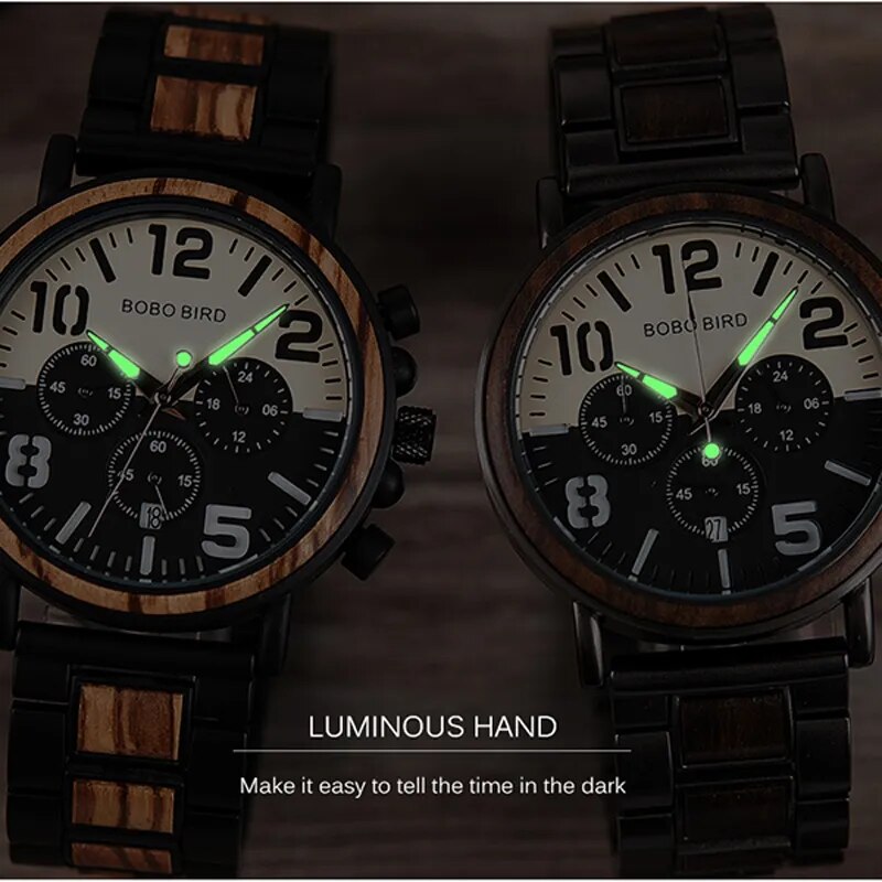 BOBO BIRD Wooden Stainless Steel Watch Men Water Resistant Timepieces Chronograph Quartz Watches relogio masculino Men's Gifts