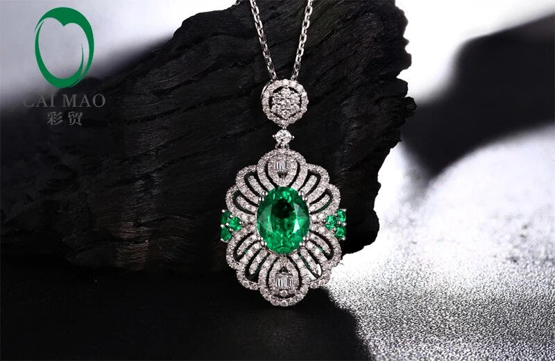 Free shipping 2.12ct Emerald 14kt White Gold Round Cut Diamonds Pendant For Necklace