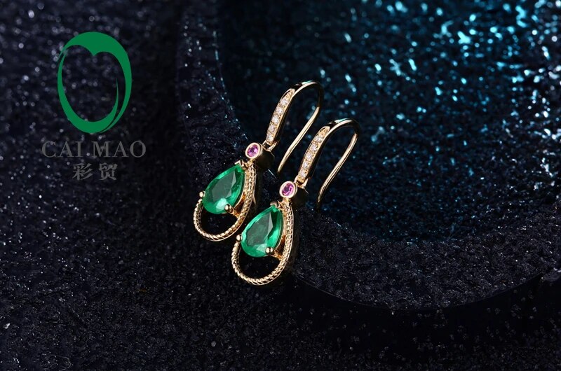 Caimao Jewelry 14k Yellow Gold Natural Pear Cut 5x7mm Emerald & 0.08ct Diamonds Pink Sapphires Engagement Earrings