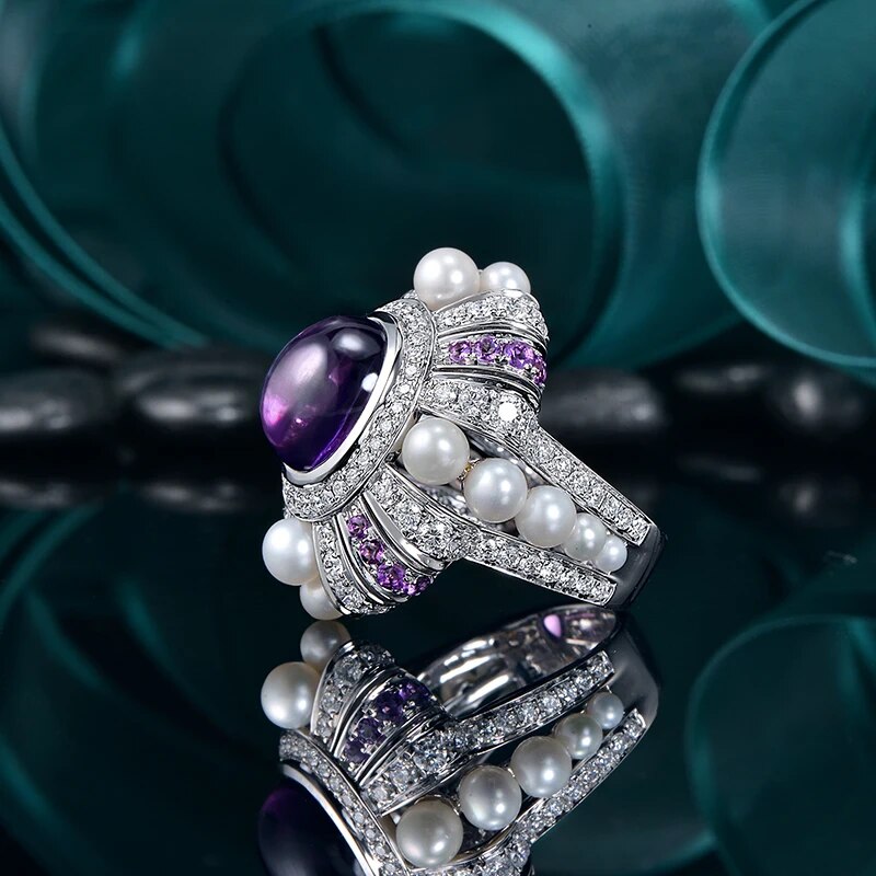 7.25ct Natural Amthyst 1.82ct Natural Diamonds and 0.42ctw Amethyst Pearl 14K White Gold Engagement Ring