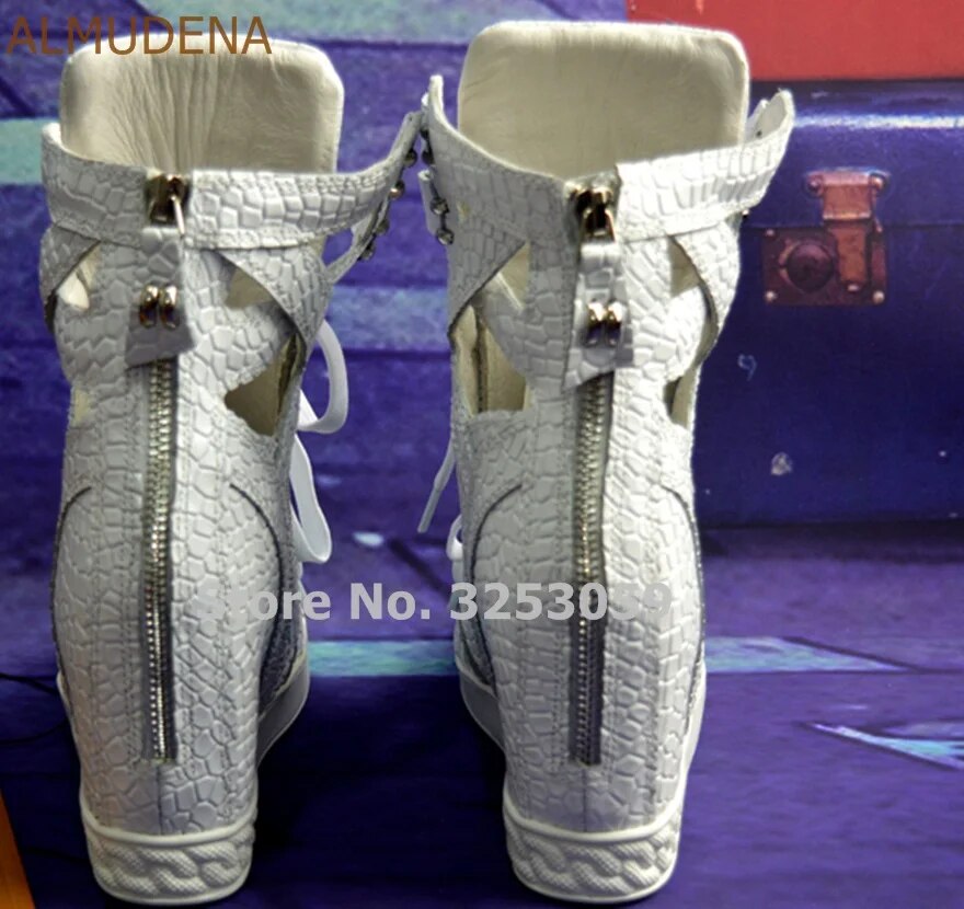ALMUDENA White Stone Pattern Snakeskin Real Leather Sneakers Wedge Height Increasing Lace-up Short Boots Dropship Casual Shoes