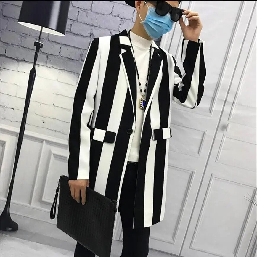Striped Jacket Men Long Section Windbreaker Trench Coat Male Slim Fashion Casual Wild Handsome Hair Stylist Men's Clothing S-3XL