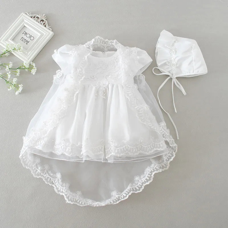 IYEAL Baby Girls Christening Gown Dresses+Hat+Shawl Vestidos Infantis Princess Wedding Party Lace Dress for Newborn Baptism 3PCS - KAISERINC