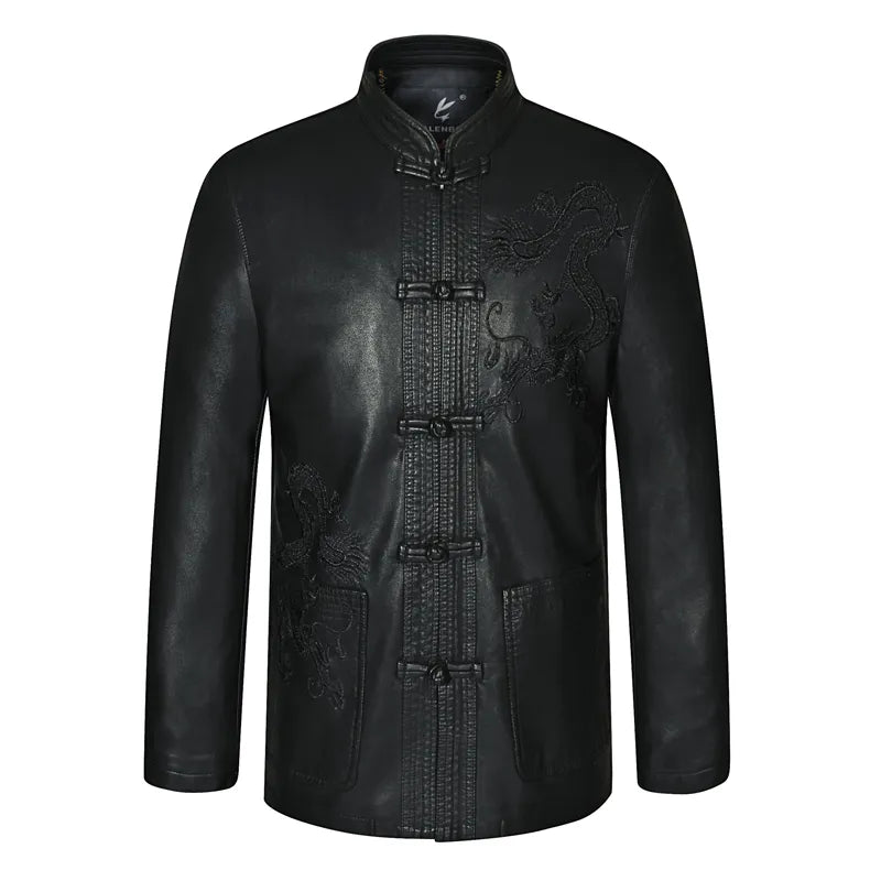 Mens Black Ethnic Tang Suit Mandarin Collar Leather Kong Fu Jackets Dragon Embroidery Fur Coat Traditional Chinese Garments New - KAISERINC