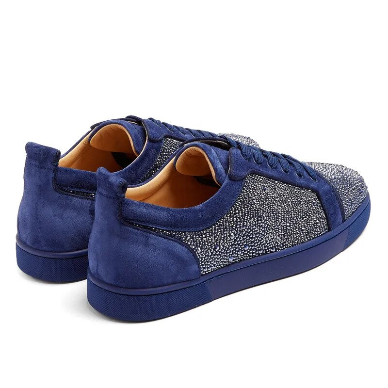 Fashion Blue Black Suede Leather Men Casual Shoes Rhinestone Sneakers Low Top Lace Up Flats Runway Chaussures Hommes