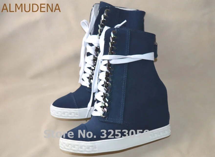 ALMUDENA Women Real Leather Burgundy White Black Chain Sneakers Lace-up Nice Shoes Wedge Height Increasing Ankle Boots