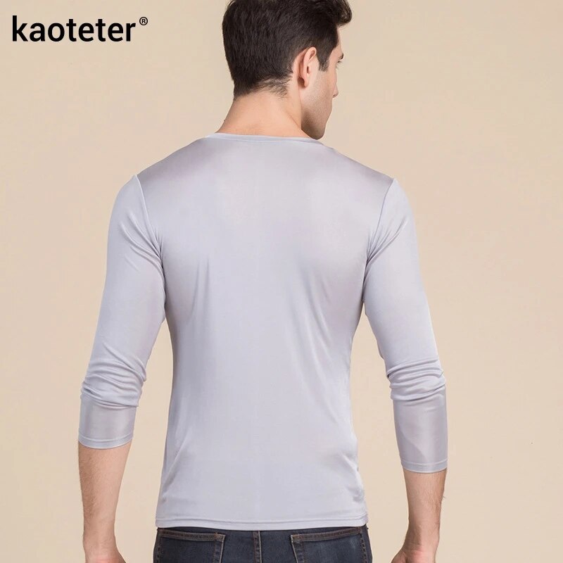 100% Real Silk Man's T-shirts Autumn Winter Full Long Sleeve V Neck Man Wild Black White Color Male Bottoming Tee Shirts Tops